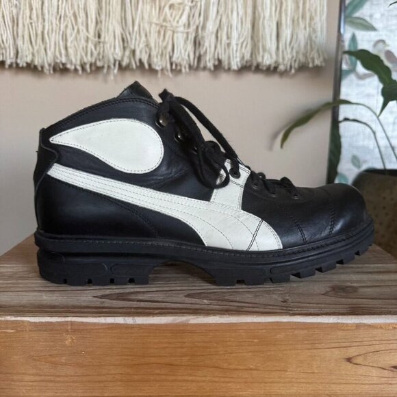 90s Vintage Puma Rudolf Dassler Black Ivory Leather Mid Lug Sole Boots Size 12 - Picture 9 of 17